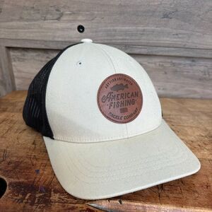 AFTCO Cream Tan Hat Brown Leather Emblem Black Mesh Back Plastic Adjustable Adul